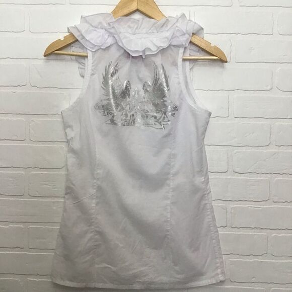 2/40$ PARASUCO XS white ruffle detailed top woven shirt blouse sleeveless cotton - Picture 3 of 7